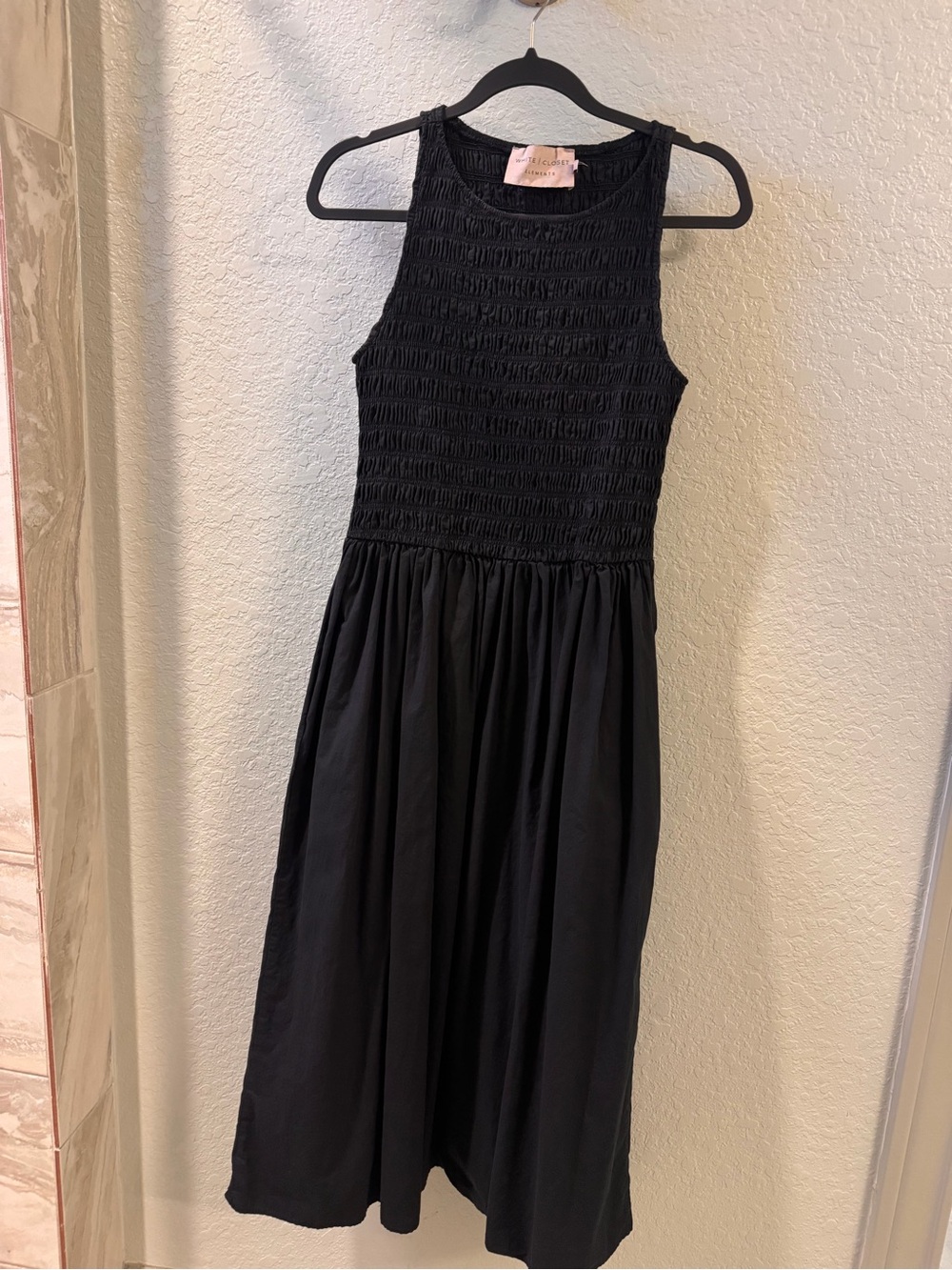 Black Smocked Midi Dress with Pockets